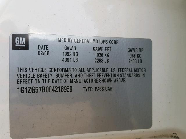 1G1ZG57B084218959 - 2008 CHEVROLET MALIBU LS 白色 照片 10