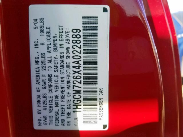 1HGCM726X4A022889 - 2004 HONDA ACCORD EX RED photo 10