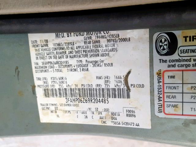3FAHP06Z69R204485 - 2009 FORD FUSION S TURQUOISE photo 10