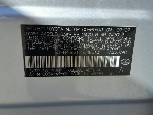 JTHBK262175048013 - 2007 LEXUS IS 250 SILVER photo 10