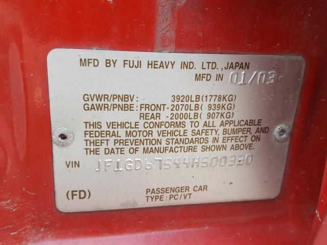 JF1GD67544H500330 - 2004 SUBARU IMPREZA RS RED photo 10