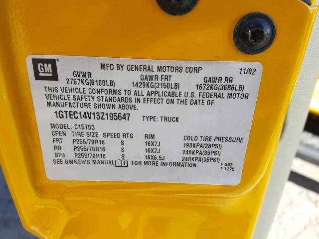 1GTEC14V13Z195647 - 2003 GMC NEW SIERRA YELLOW photo 10