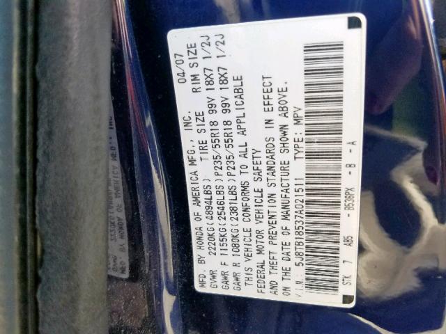 5J8TB18537A021511 - 2007 ACURA RDX TECHNO BLUE photo 10