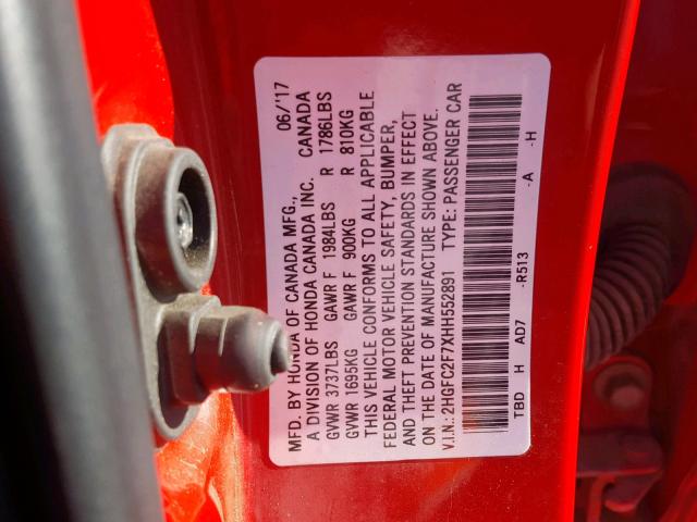 2HGFC2F7XHH552891 - 2017 HONDA CIVIC EX RED photo 10