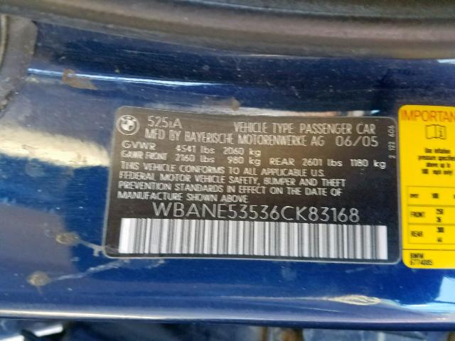 WBANE53536CK83168 - 2006 BMW 525 I BLUE photo 10