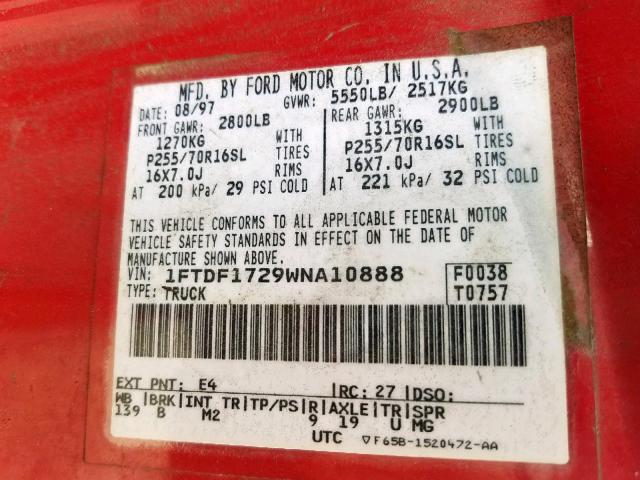 1FTDF1729WNA10888 - 1998 FORD F150 RED photo 10