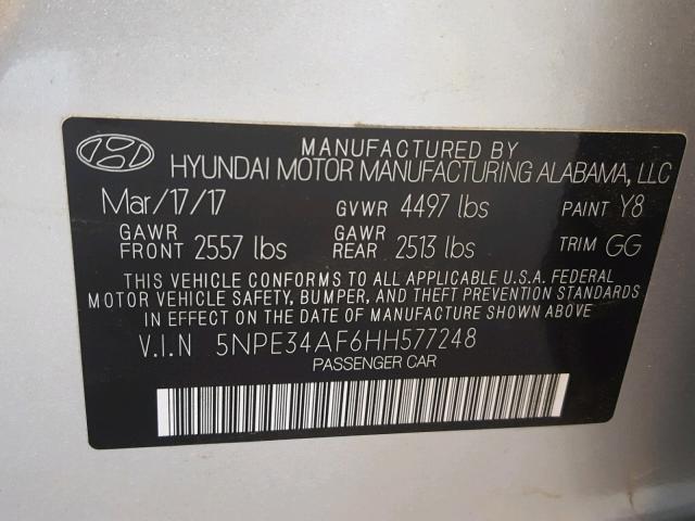 5NPE34AF6HH577248 - 2017 HYUNDAI SONATA SPO GRAY photo 10