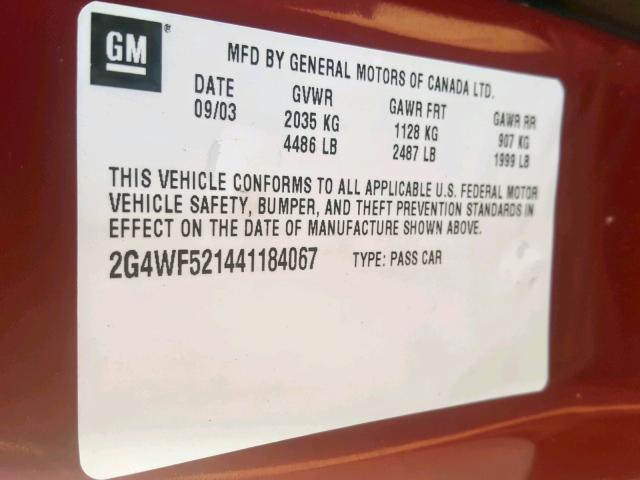 2G4WF521441184067 - 2004 BUICK REGAL GS BURGUNDY photo 10