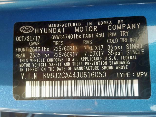 KM8J2CA44JU616050 - 2018 HYUNDAI TUCSON SE BLUE photo 10