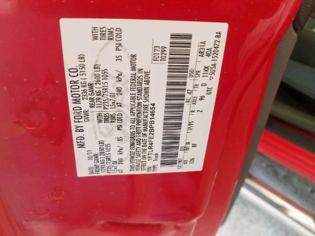 1FTLR4FE2BPB14654 - 2011 FORD RANGER SUP RED photo 10