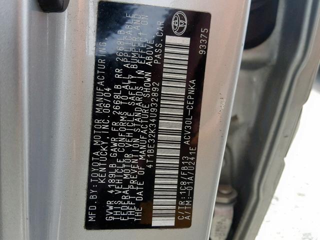 4T1BE32K34U932892 - 2004 TOYOTA CAMRY LE SILVER photo 10