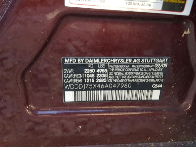 WDDDJ75X46A047960 - 2006 MERCEDES-BENZ CLS 500 MAROON photo 10