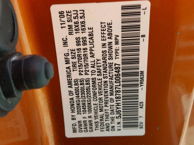 5J6YH18787L006487 - 2007 HONDA ELEMENT EX ORANGE photo 10