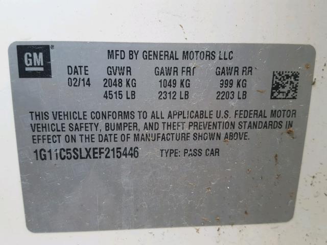 1G11C5SLXEF215446 - 2014 CHEVROLET MALIBU 1LT WHITE photo 10