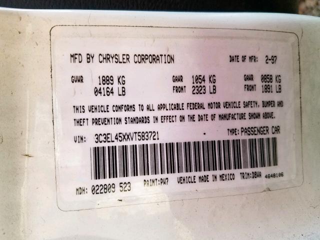 3C3EL45XXVT583721 - 1997 CHRYSLER SEBRING JX WHITE photo 10