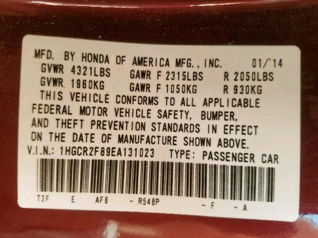 1HGCR2F89EA131023 - 2014 HONDA ACCORD EXL RED photo 10