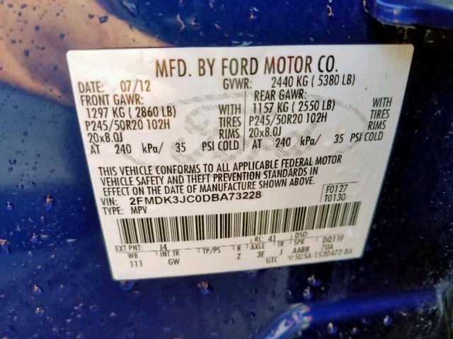 2FMDK3JC0DBA73228 - 2013 FORD EDGE SEL BLUE photo 10