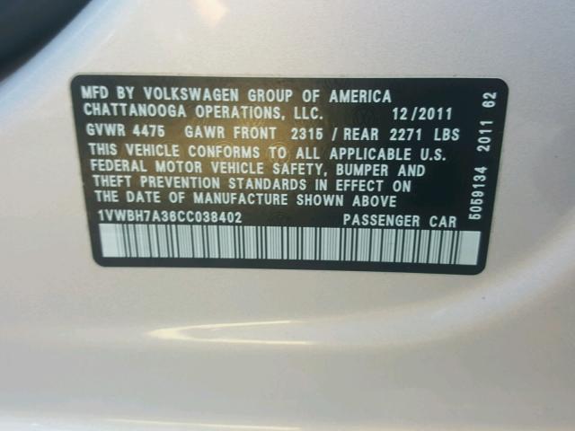 1VWBH7A36CC038402 - 2012 VOLKSWAGEN PASSAT SE SILVER photo 10