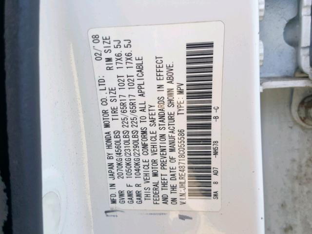 JHLRE48718C055586 - 2008 HONDA CR-V EXL WHITE photo 10