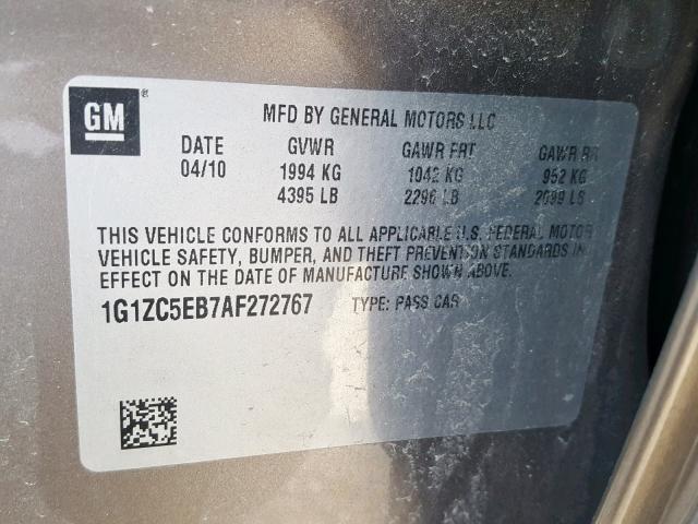 1G1ZC5EB7AF272767 - 2010 CHEVROLET MALIBU 1LT 棕色 照片 10