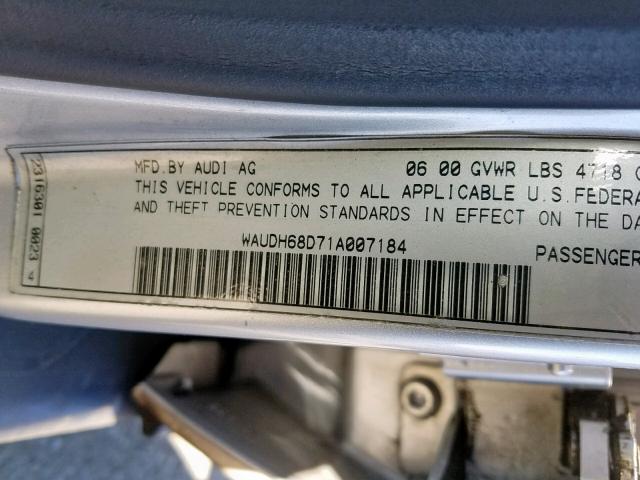 WAUDH68D71A007184 - 2001 AUDI A4 2.8 QUA SILVER photo 10