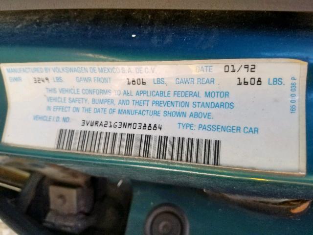 3VWRA21G3NM038884 - 1992 VOLKSWAGEN JETTA GL GREEN photo 10