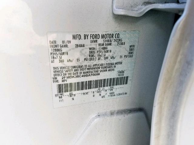 2FMDK38C49BA70099 - 2009 FORD EDGE SEL WHITE photo 10