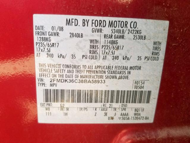 2FMDK36C38BA58933 - 2008 FORD EDGE SE RED photo 10