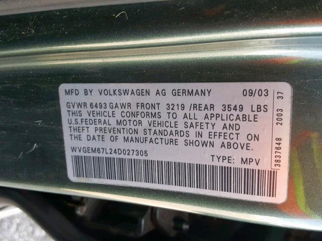 WVGEM67L24D027305 - 2004 VOLKSWAGEN TOUAREG 4. GREEN photo 10