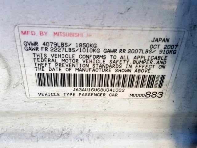 JA3AU16U68U041003 - 2008 MITSUBISHI LANCER DE WHITE photo 10