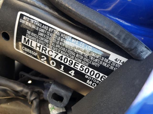 MLHRC7409E5000622 - 2014 HONDA CBR650 F BLUE photo 10