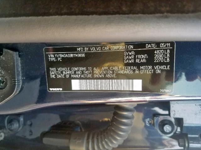 YV1940AS9B1149896 - 2011 VOLVO S80 3.2 BLUE photo 10