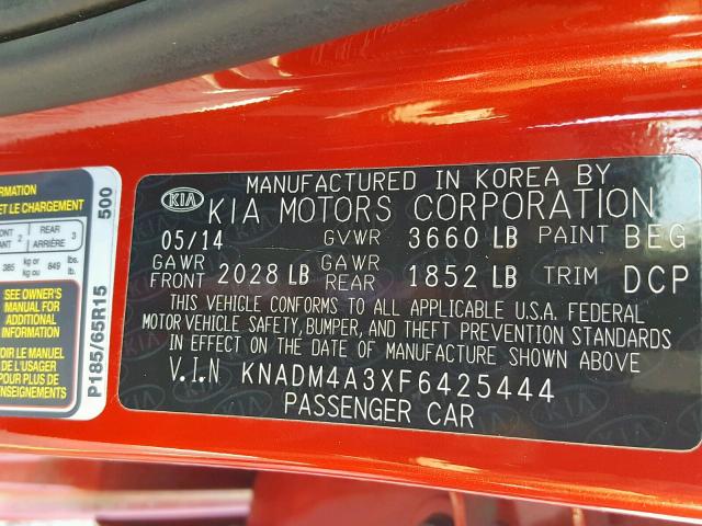 KNADM4A3XF6425444 - 2015 KIA RIO LX RED photo 10