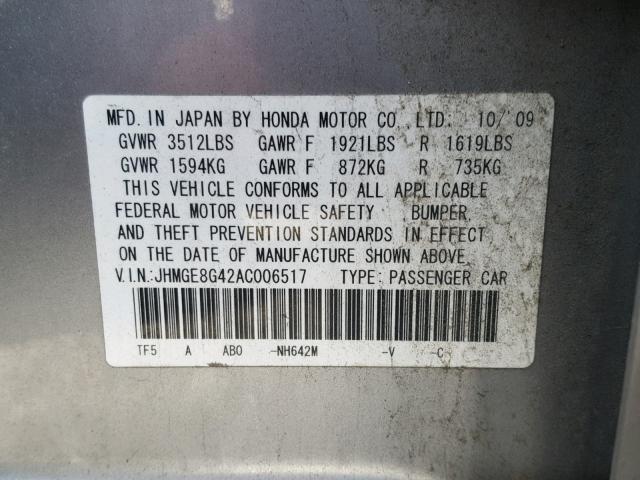 JHMGE8G42AC006517 - 2010 HONDA FIT SPORT SILVER photo 10