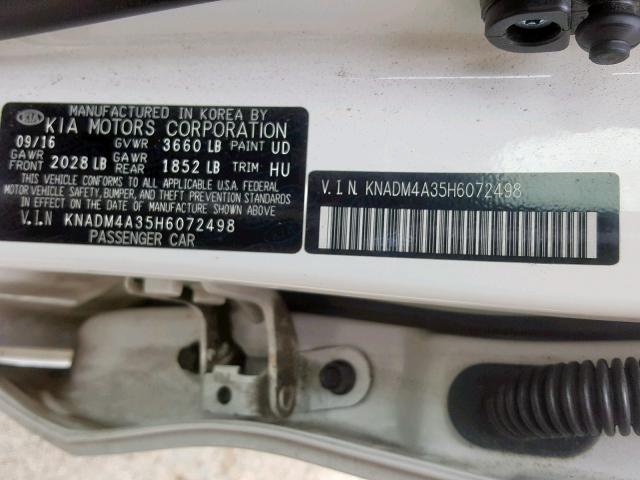 KNADM4A35H6072498 - 2017 KIA RIO LX WHITE photo 10