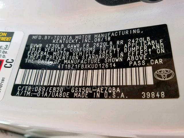 4T1BZ1FBXKU012614 - 2019 TOYOTA AVALON XLE WHITE photo 10