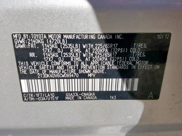 2T3DK4DV6CW089470 - 2012 TOYOTA RAV4 LIMIT SILVER photo 10