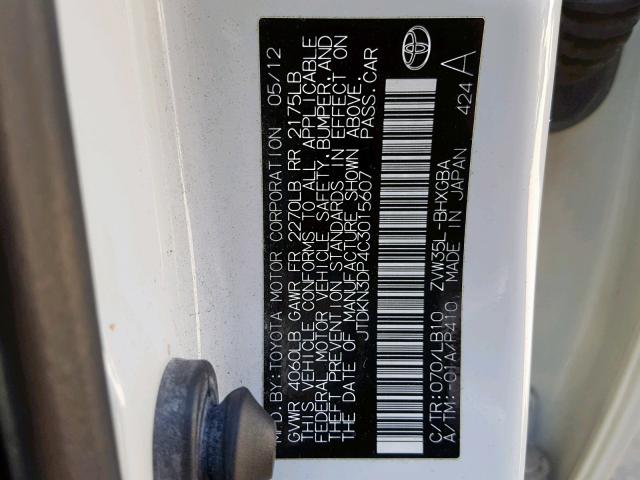 JTDKN3DP4C3015607 - 2012 TOYOTA PRIUS PLUG WHITE photo 10