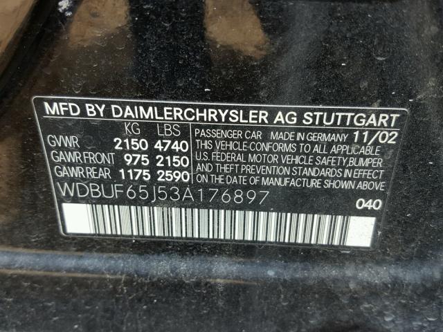 WDBUF65J53A176897 - 2003 MERCEDES-BENZ E 320 BLACK photo 10