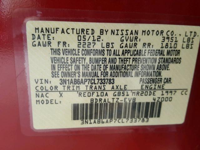 3N1AB6AP7CL733783 - 2012 NISSAN SENTRA 2.0 RED photo 10