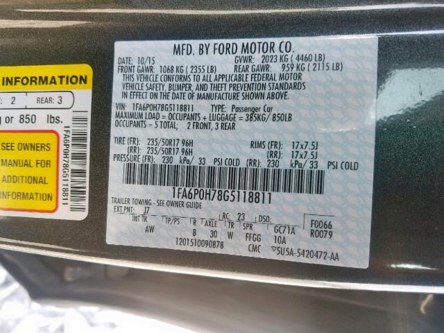 1FA6P0H78G5118811 - 2016 FORD FUSION SE GRAY photo 10