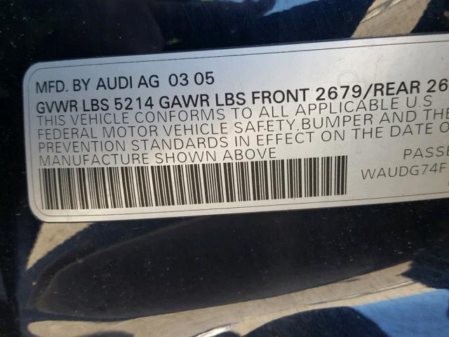 WAUDG74F15N109921 - 2005 AUDI A6 3.2 QUA BLUE photo 10