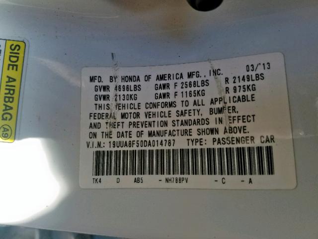 19UUA8F50DA014787 - 2013 ACURA TL TECH WHITE photo 10