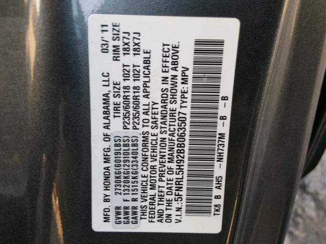 5FNRL5H92BB063507 - 2011 HONDA ODYSSEY TO GRAY photo 10