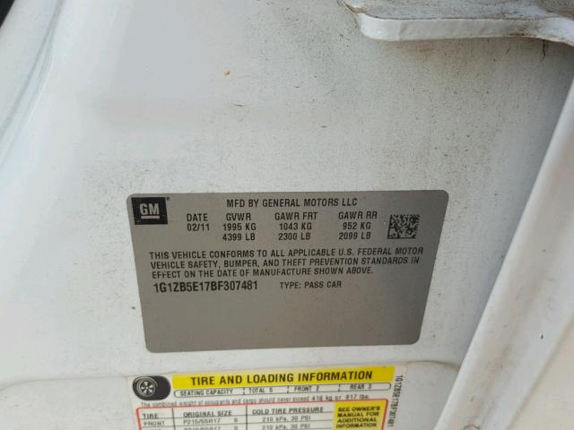 1G1ZB5E17BF307481 - 2011 CHEVROLET MALIBU LS 白色 照片 10