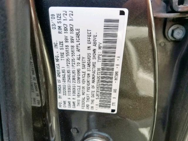 5J8TB18229A007236 - 2009 ACURA RDX GRAY photo 10