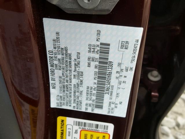 3LN6L5A9XHR613309 - 2017 LINCOLN MKZ PREMIE MAROON photo 10