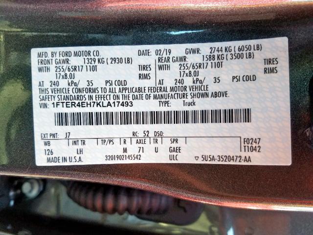 1FTER4EH7KLA17493 - 2019 FORD RANGER SUP GRAY photo 10