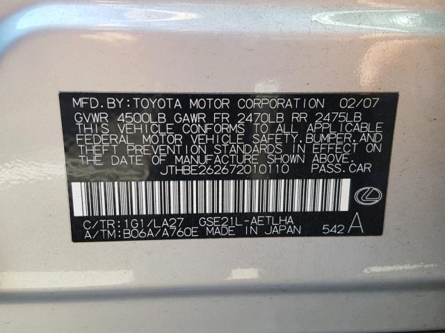 JTHBE262672010110 - 2007 LEXUS IS 350 SILVER photo 10