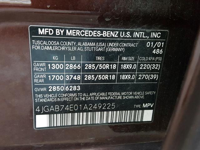 4JGAB74E01A249225 - 2001 MERCEDES-BENZ ML 55 MAROON photo 10